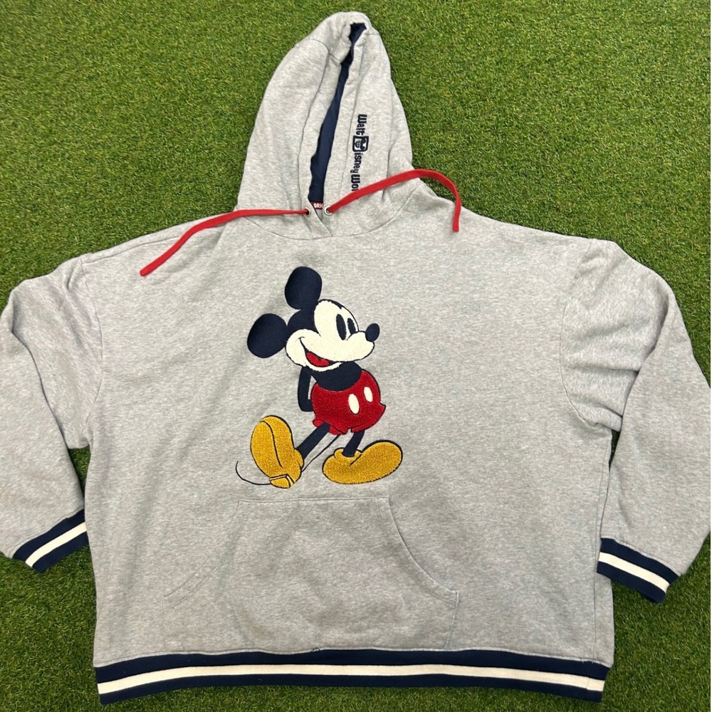 Disney Parks Mickey Mouse Chenille Patch Hoodie Gray Navy Striped XXL
